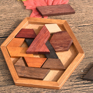 木制六边形智力几何拼图拼板 幼儿园幼教老年人积木七巧板玩具